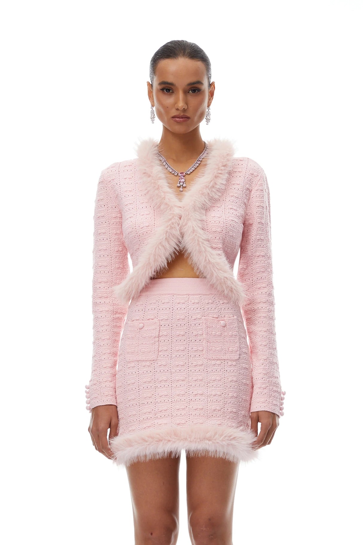 Alma Pink Fur Trim Knit Cardigan  Skirt Set