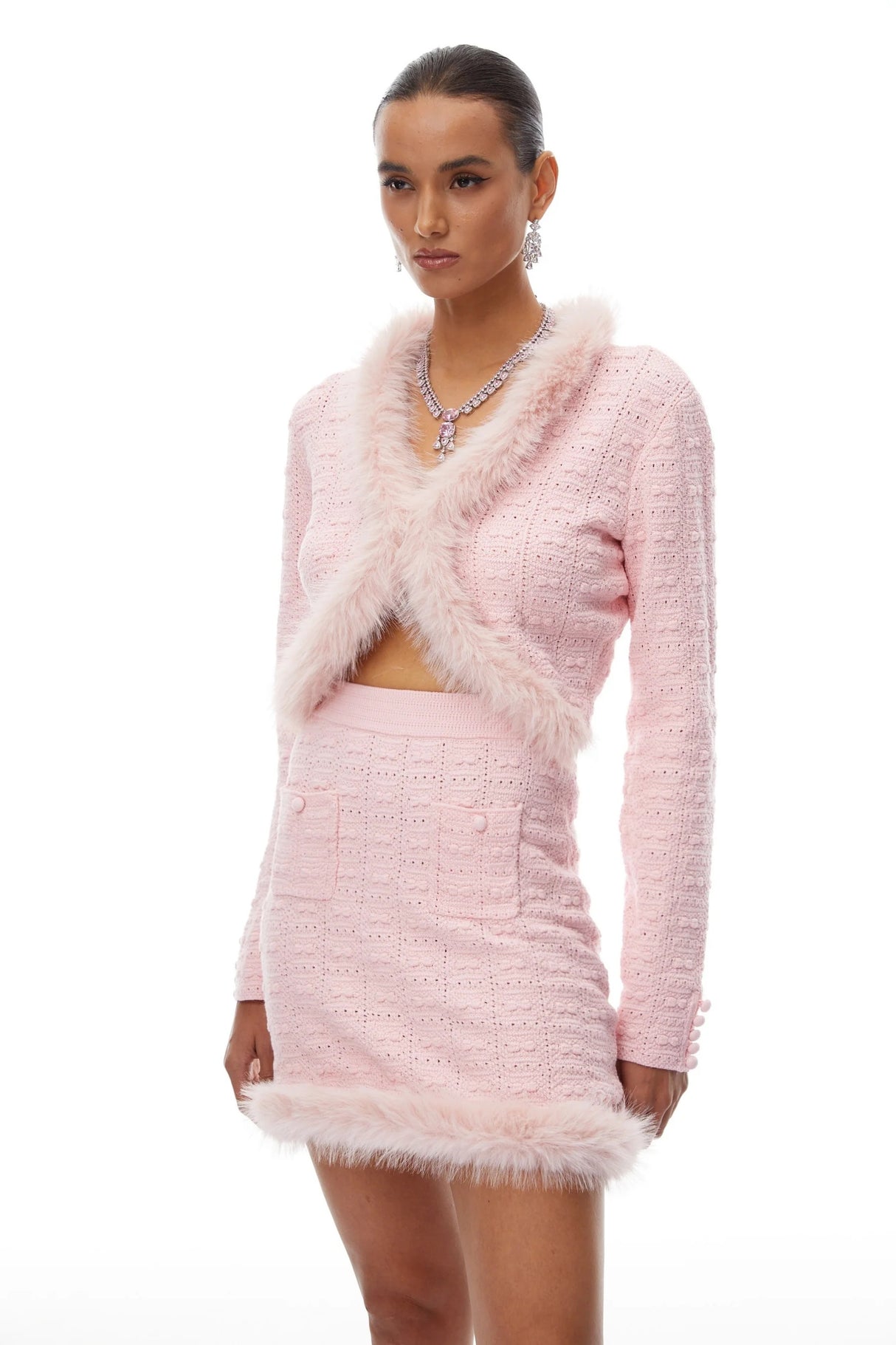 Alma Pink Fur Trim Knit Cardigan  Skirt Set