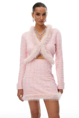 Alma Pink Fur Trim Knit Cardigan  Skirt Set