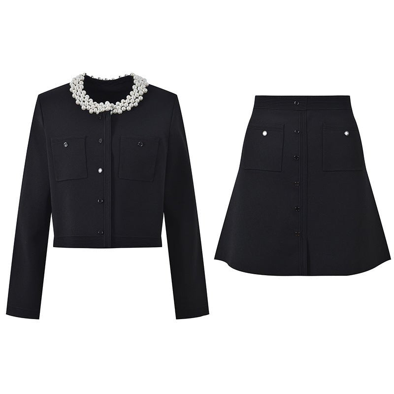 Alma Top & Skirt Set - Cropped & Flared - Classic Structured Design - Elegant Pearl Collar - Button Closure