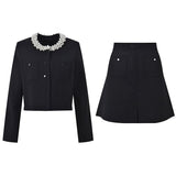 Alma Top & Skirt Set - Cropped & Flared - Classic Structured Design - Elegant Pearl Collar - Button Closure