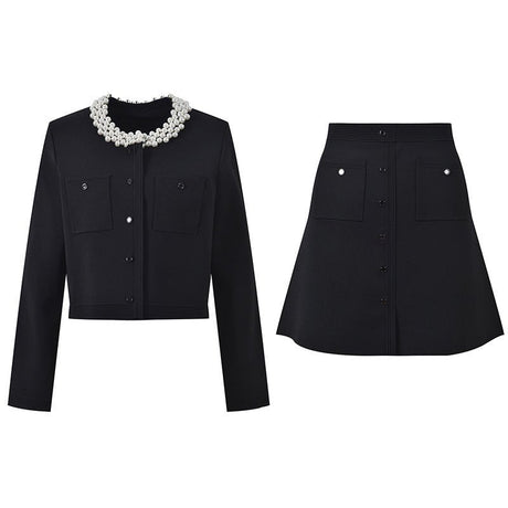 Alma Top & Skirt Set - Cropped & Flared - Classic Structured Design - Elegant Pearl Collar - Button Closure