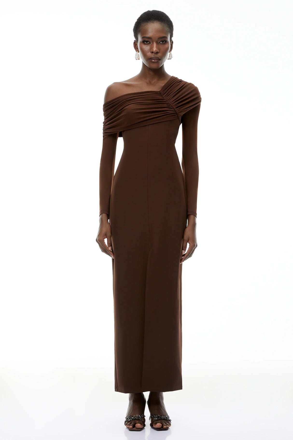 Almudena Chocolate Brown One Shoulder Maxi Dress