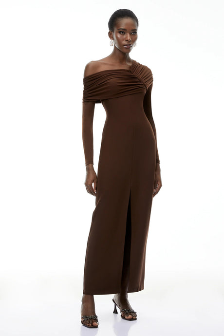Almudena Chocolate Brown One Shoulder Maxi Dress