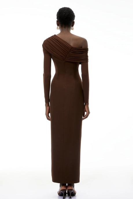 Almudena Chocolate Brown One Shoulder Maxi Dress