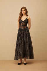 Aloïse Black Polka Dot Pleated Midi Dress