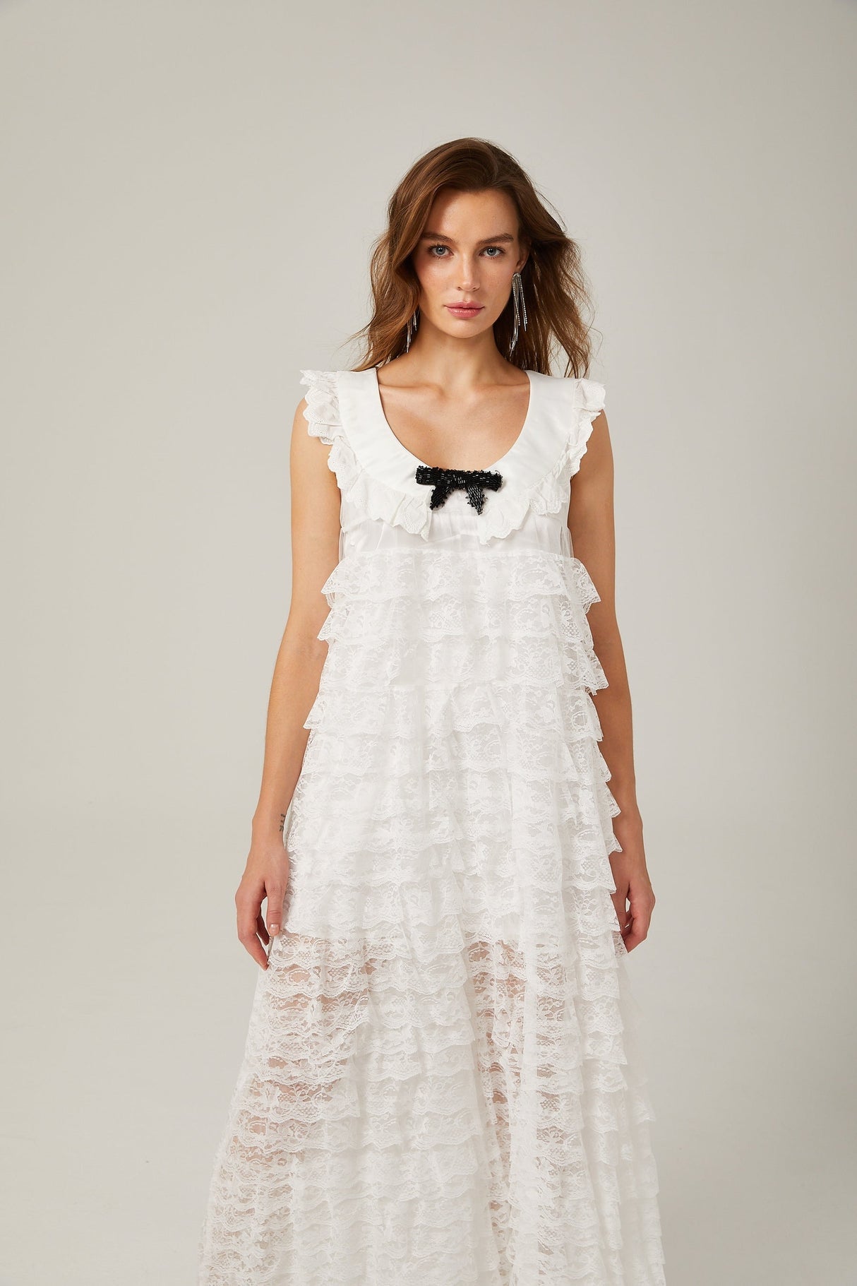 Alora white lacetrim tiered midi dress