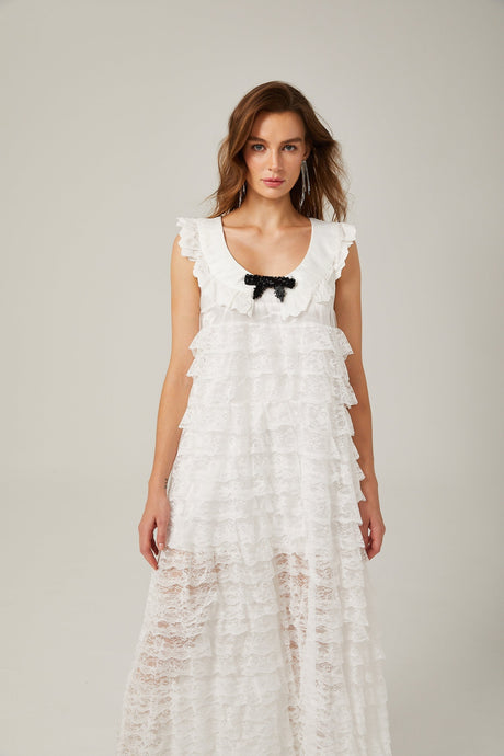 Alora white lacetrim tiered midi dress