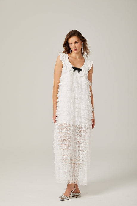 Alora white lacetrim tiered midi dress