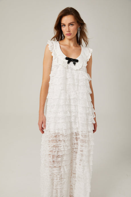 Alora white lacetrim tiered midi dress