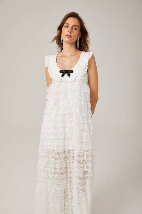 Alora white lacetrim tiered midi dress