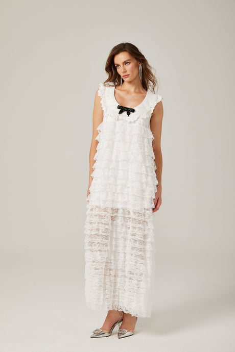 Alora white lacetrim tiered midi dress