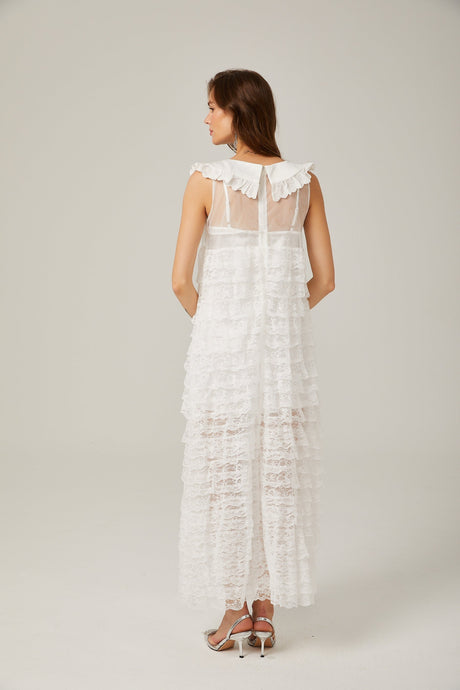 Alora white lacetrim tiered midi dress