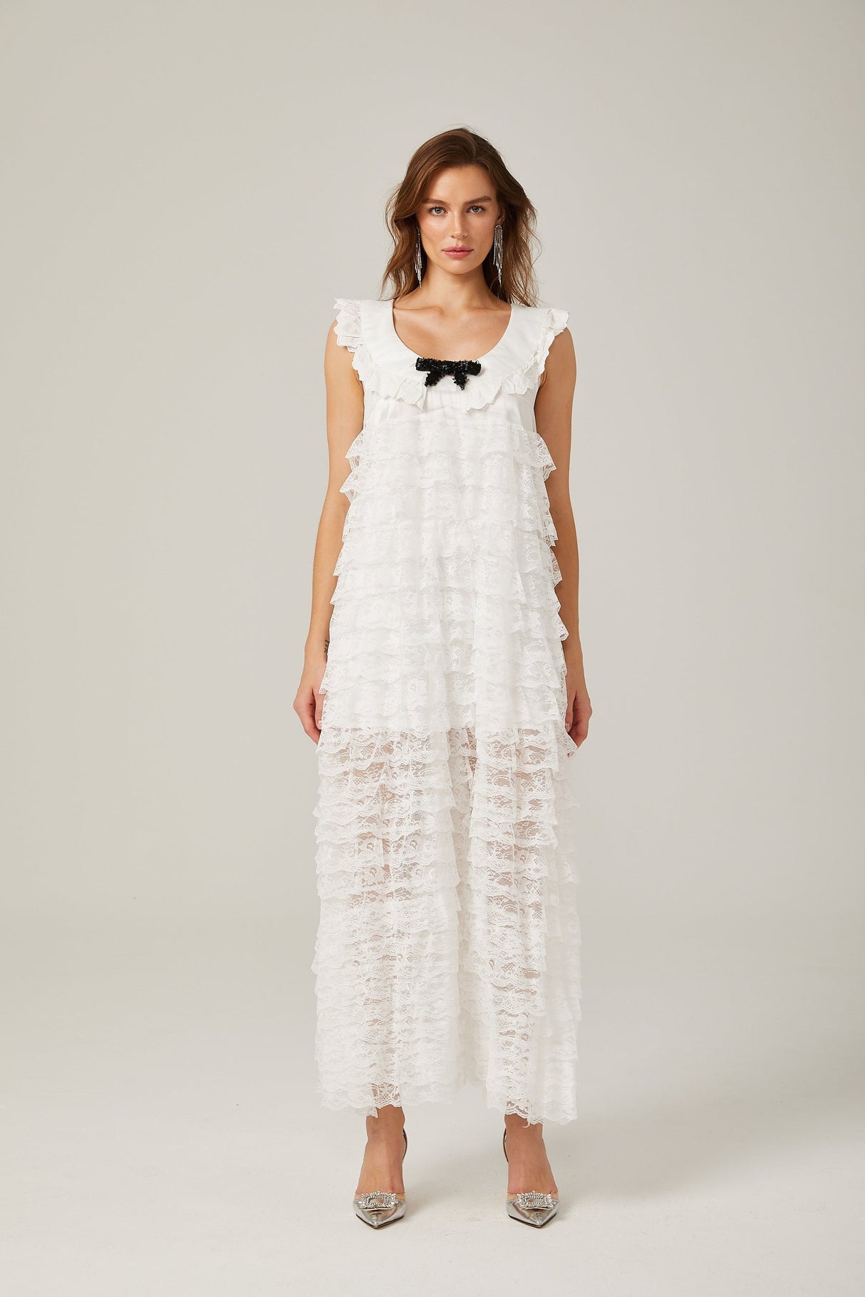 Alora white lacetrim tiered midi dress