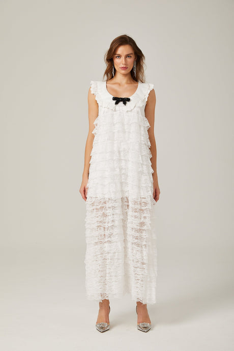 Alora white lacetrim tiered midi dress