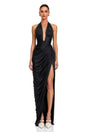 Altheira Black Halterneck Ruched Maxi Dress with Slit