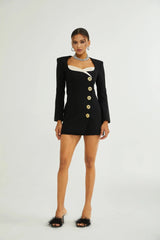 Alyson Long Sleeve Mini Dress - Shoulder Pads - Embossed Buttons - Fitted Silhouette - Rear Zip Fastening