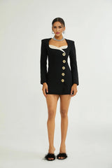 Alyson Long Sleeve Mini Dress - Shoulder Pads - Embossed Buttons - Fitted Silhouette - Rear Zip Fastening