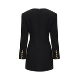 Alyson Long Sleeve Mini Dress - Shoulder Pads - Embossed Buttons - Fitted Silhouette - Rear Zip Fastening