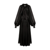 Alyson Maxi Dress - Pleated Satin Design - Ribbon Tie - Neck - Long Dolman Sleeves - Rear Button Fastening