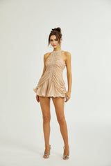 Alyson Mini Dress - Sleeveless - Crystal Embellishment - Ruched Detailing - Flared Skirt - Rear Zip Fastening