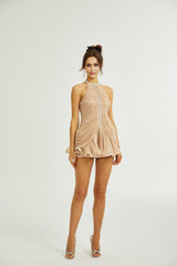 Alyson Mini Dress - Sleeveless - Crystal Embellishment - Ruched Detailing - Flared Skirt - Rear Zip Fastening