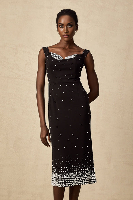 Alyssa Midi Dress - Sleeveless Style - Cinched Waist - Faux - Pearl Detail - Elegant Midi Length