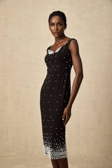 Alyssa Midi Dress - Sleeveless Style - Cinched Waist - Faux - Pearl Detail - Elegant Midi Length