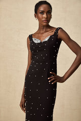 Alyssa Midi Dress - Sleeveless Style - Cinched Waist - Faux - Pearl Detail - Elegant Midi Length