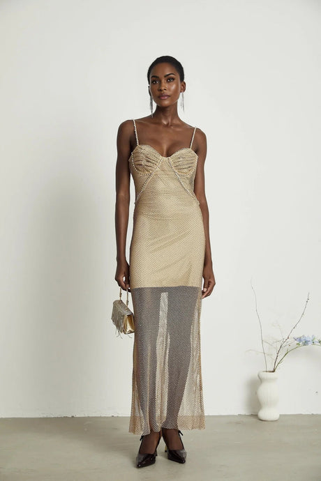 Alyssa Midi Dress - Sweetheart Neckline - Crystal Embellishments - Fitted Silhouette - Semi - Sheer