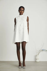 Alyssa Mini Dress White Faux - Flower Crystal Embellished Thigh - Length Hem