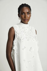 Alyssa Mini Dress White Faux - Flower Crystal Embellished Thigh - Length Hem
