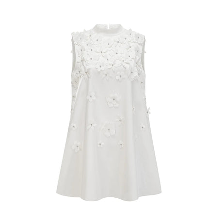 Alyssa Mini Dress White Faux - Flower Crystal Embellished Thigh - Length Hem