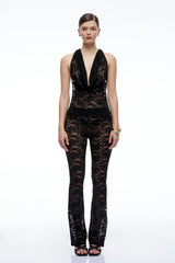 Amabel Black Lace Halterneck Top  Flared Trousers Set