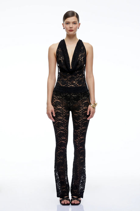 Amabel Black Lace Halterneck Top  Flared Trousers Set