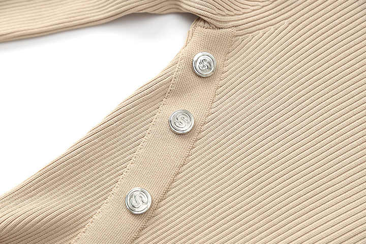 Amabile Dress - Fitted Silhouette - Midi Length - Ribbed Texture - Decorative Button Detail - Versatile Styling