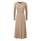 Amabile Dress - Fitted Silhouette - Midi Length - Ribbed Texture - Decorative Button Detail - Versatile Styling