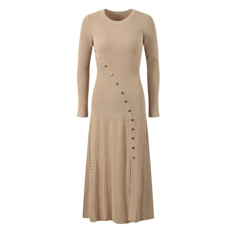 Amabile Dress - Fitted Silhouette - Midi Length - Ribbed Texture - Decorative Button Detail - Versatile Styling
