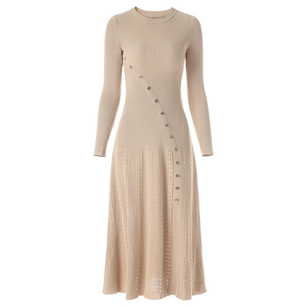 Amabile Dress - Fitted Silhouette - Midi Length - Ribbed Texture - Decorative Button Detail - Versatile Styling