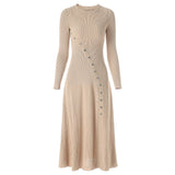 Amabile Dress - Fitted Silhouette - Midi Length - Ribbed Texture - Decorative Button Detail - Versatile Styling