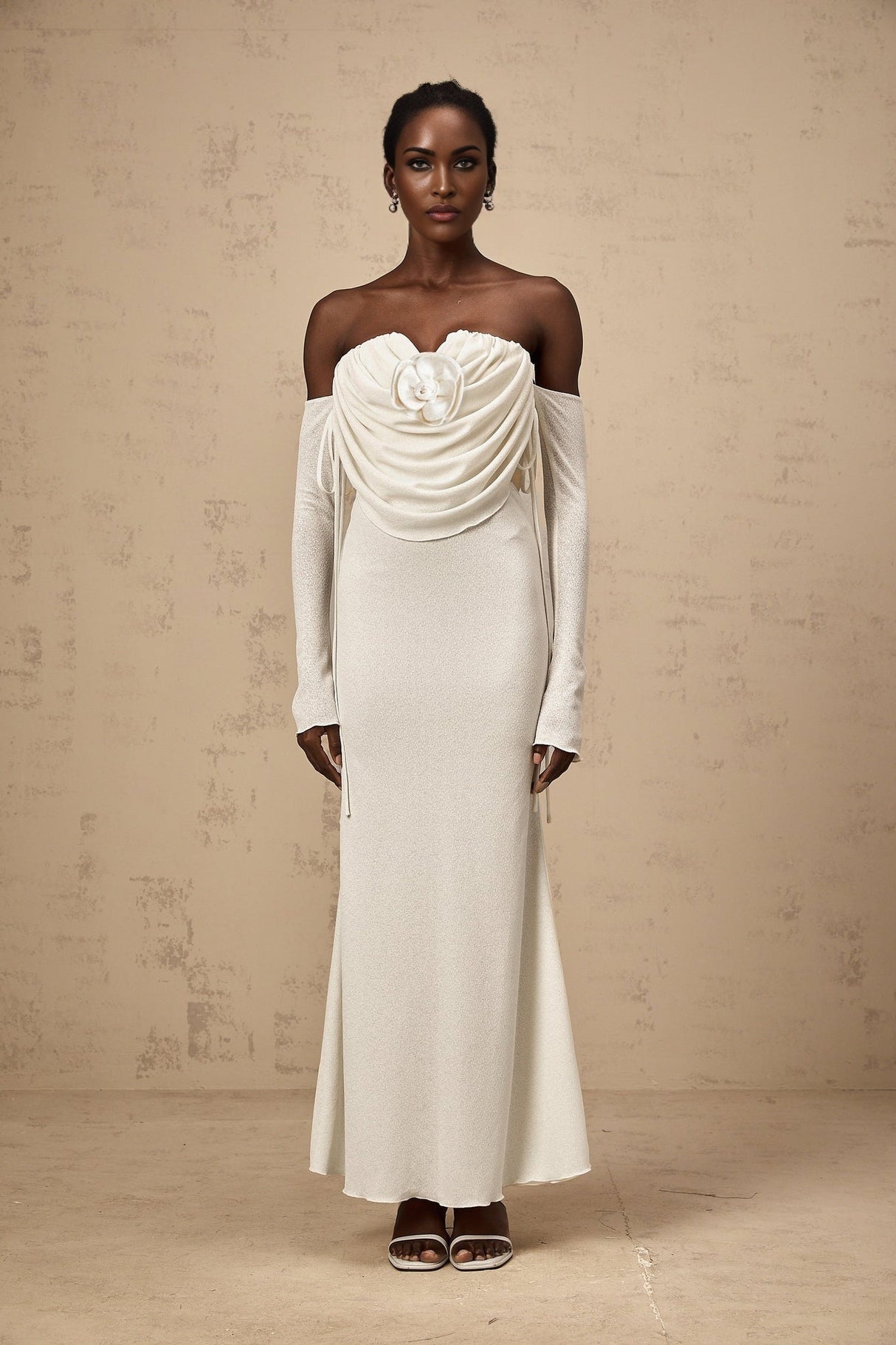 Amabile Maxi Dress - Off the Shoulder - Floral Appliqué - Ruched Detailing - Self - Tie Design - Flared Hem