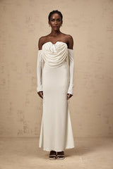 Amabile Maxi Dress - Off the Shoulder - Floral Appliqué - Ruched Detailing - Self - Tie Design - Flared Hem