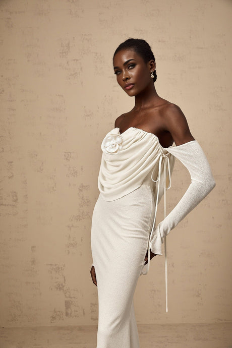 Amabile Maxi Dress - Off the Shoulder - Floral Appliqué - Ruched Detailing - Self - Tie Design - Flared Hem