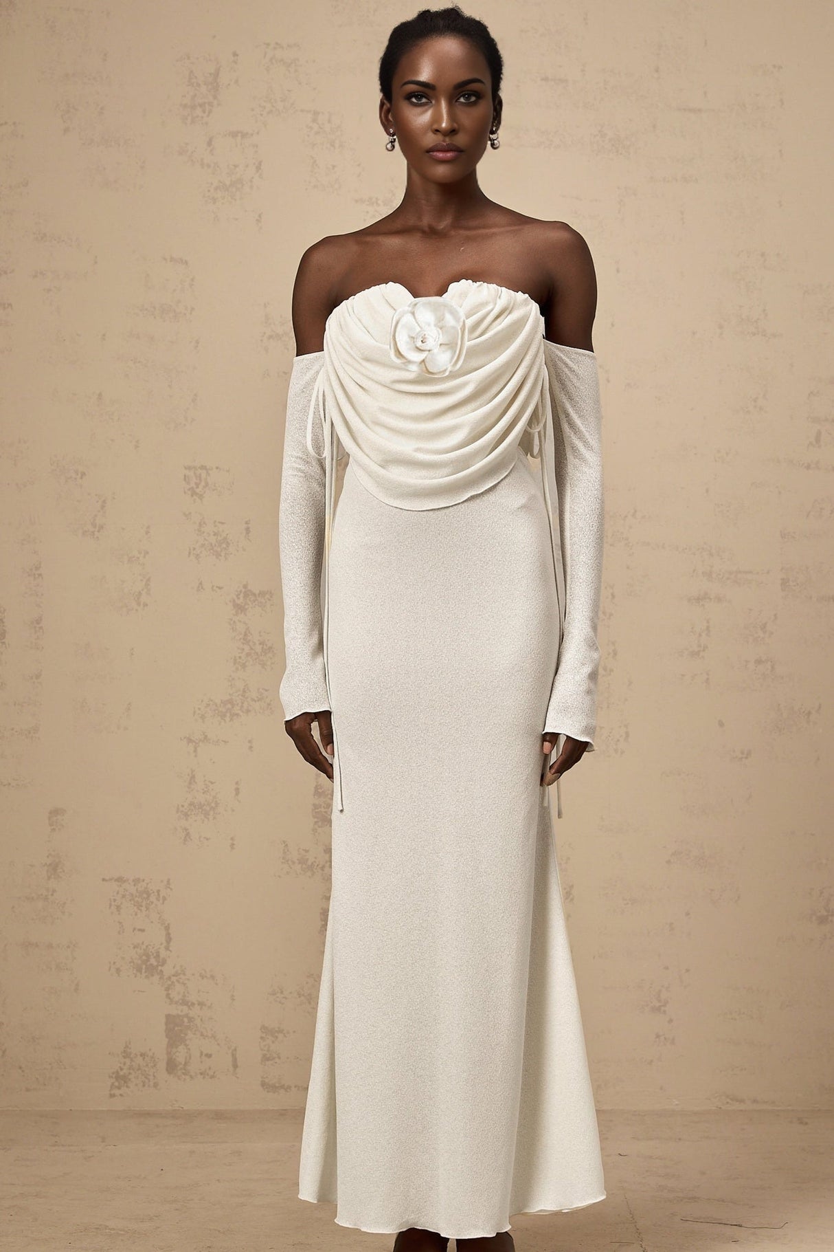 Amabile Maxi Dress - Off the Shoulder - Floral Appliqué - Ruched Detailing - Self - Tie Design - Flared Hem