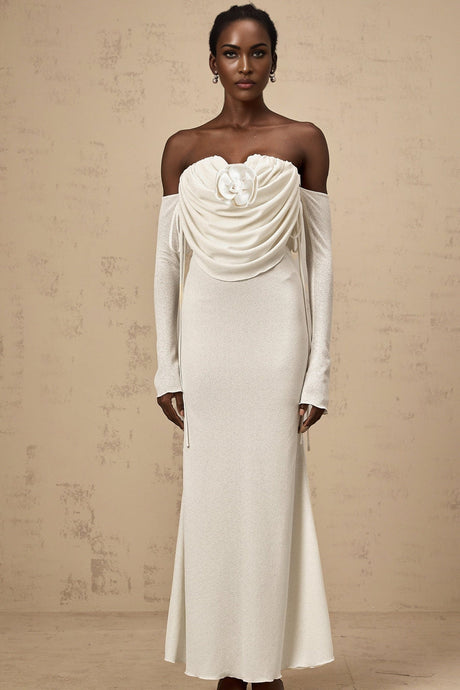 Amabile Maxi Dress - Off the Shoulder - Floral Appliqué - Ruched Detailing - Self - Tie Design - Flared Hem