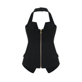 Amabile Top - Double - Breasted - halter neck - Embossed Gold Buttons - Viscose