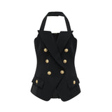 Amabile Top - Double - Breasted - halter neck - Embossed Gold Buttons - Viscose