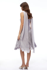 Amaia Smoky Purple Off Shoulder Ruched Midi Dress with Fringe