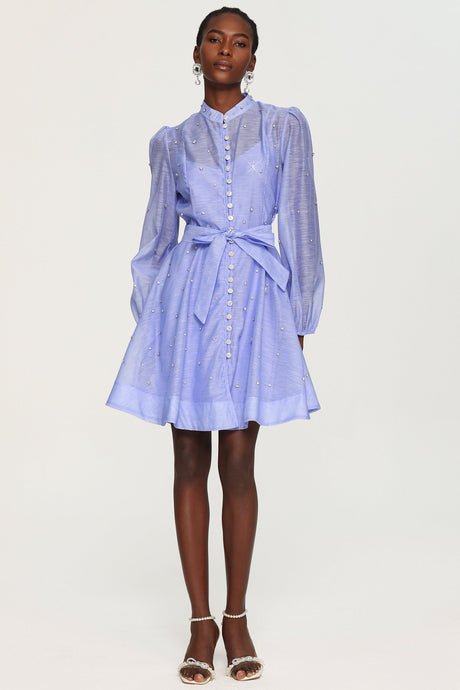 Amalia Blue Diamond Embellished Button-Up Mini Dress with Tie Waist