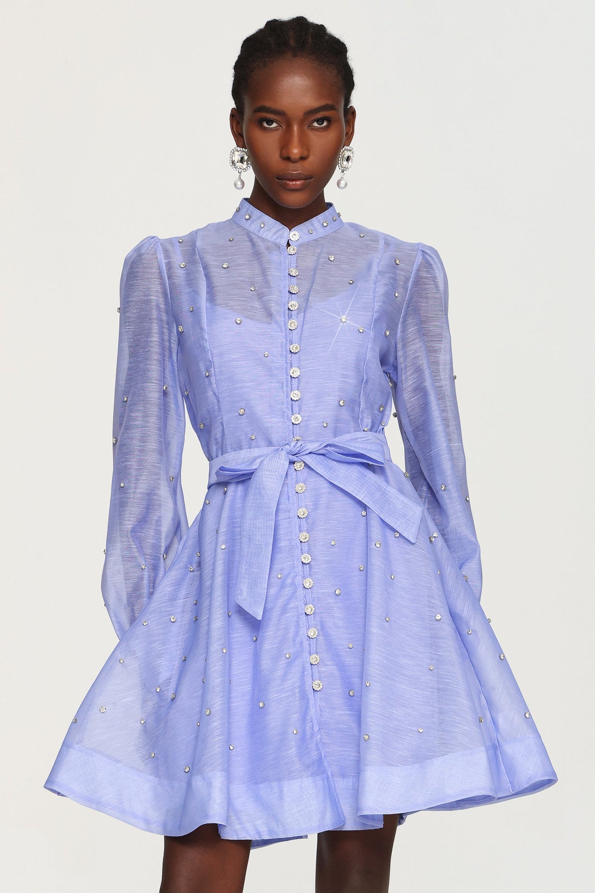 Amalia Blue Diamond Embellished Button-Up Mini Dress